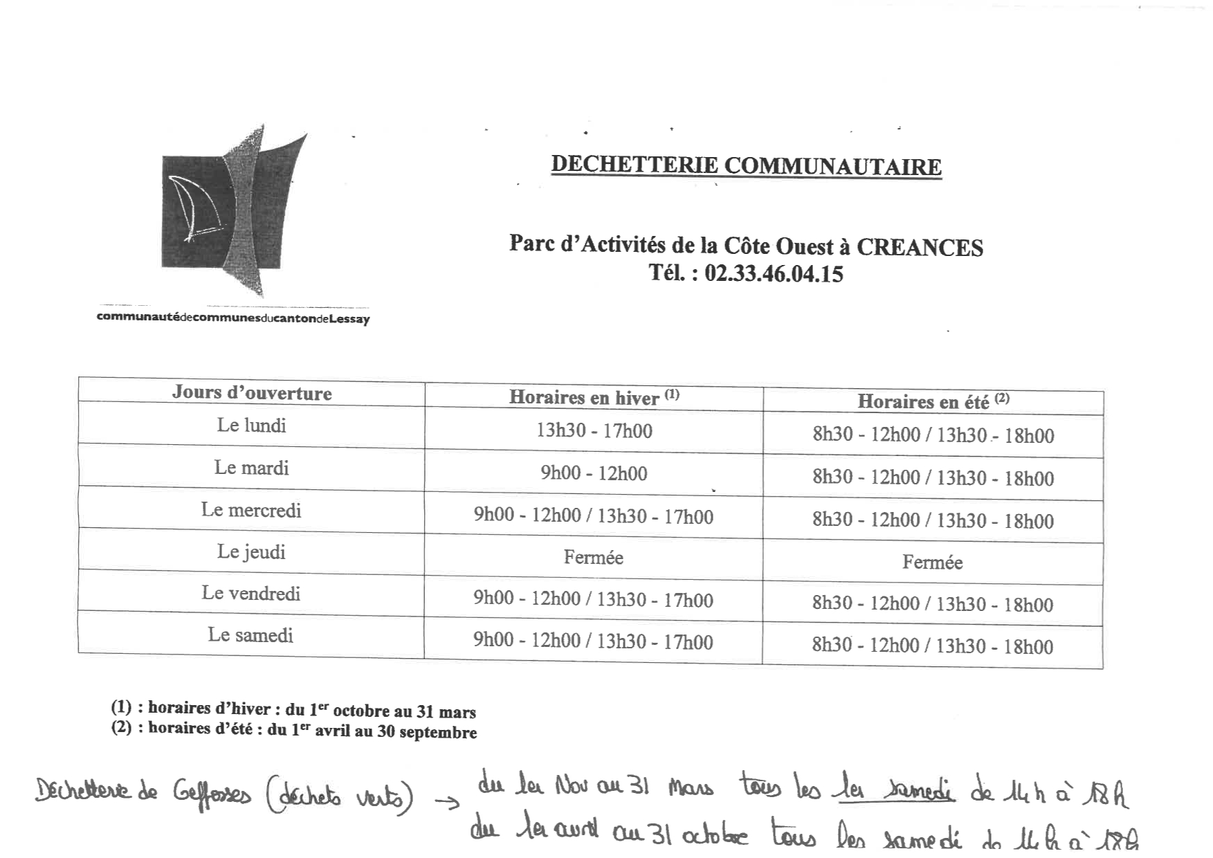 Horaires déchetterie Créances Horaires déchetterie Créances