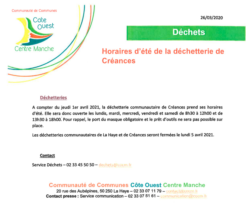 Horaires déchetterie Horaires déchetterie