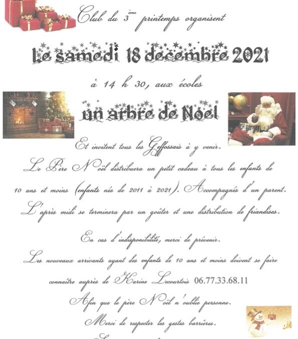 ARBRE DE NOËL SAMEDI 18 DÉCEMBRE À 14H30 AUX ÉCOLES