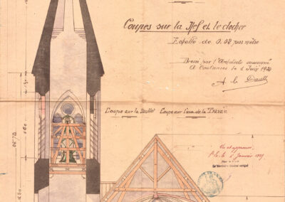 Coupe sur la nef et le clocher de l'église de Geffosses